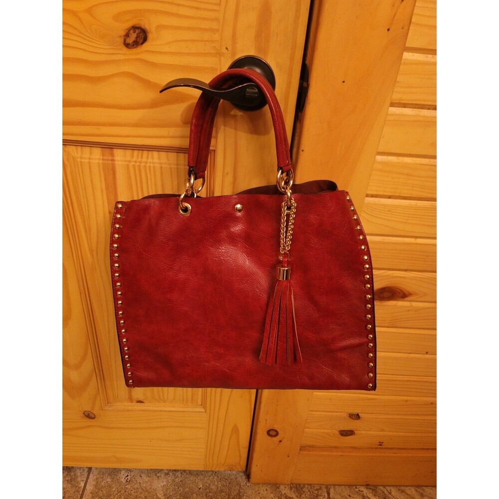 David Jones Leather Tote Bag Red/Gold Studs Handbag With Removable Interior Bag
